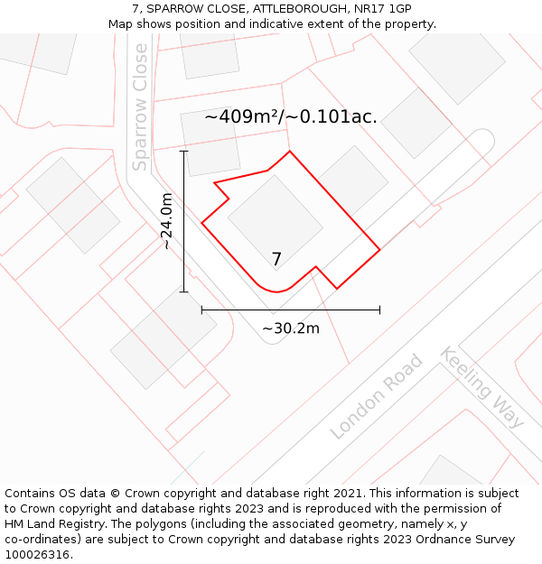 7, SPARROW CLOSE, ATTLEBOROUGH, NR17 1GP: Plot and title map