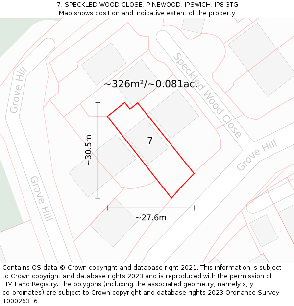 7, SPECKLED WOOD CLOSE, PINEWOOD, IPSWICH, IP8 3TG: Plot and title map