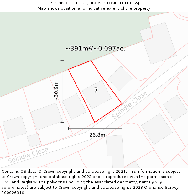 7, SPINDLE CLOSE, BROADSTONE, BH18 9WJ: Plot and title map