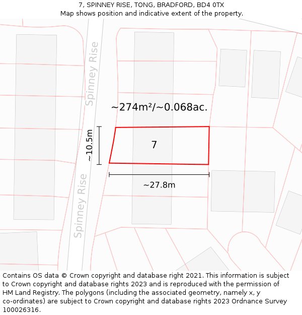 7, SPINNEY RISE, TONG, BRADFORD, BD4 0TX: Plot and title map