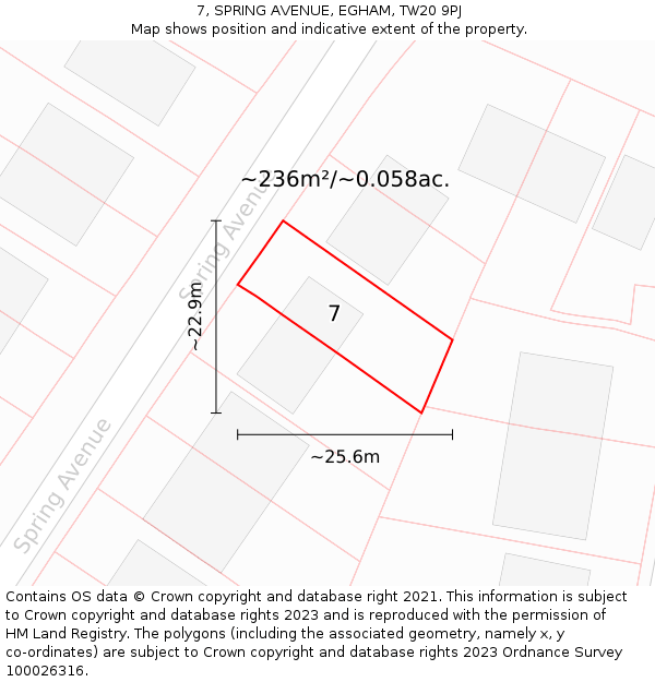 7, SPRING AVENUE, EGHAM, TW20 9PJ: Plot and title map