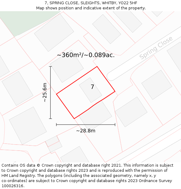 7, SPRING CLOSE, SLEIGHTS, WHITBY, YO22 5HF: Plot and title map