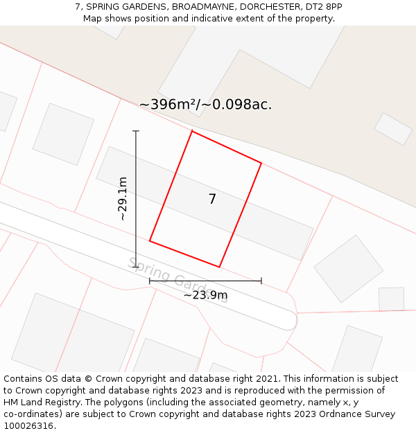 7, SPRING GARDENS, BROADMAYNE, DORCHESTER, DT2 8PP: Plot and title map