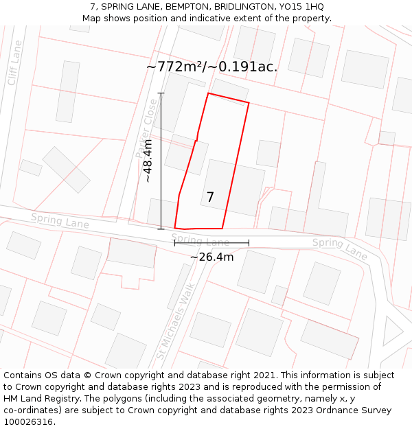 7, SPRING LANE, BEMPTON, BRIDLINGTON, YO15 1HQ: Plot and title map