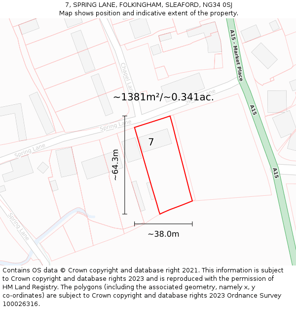 7, SPRING LANE, FOLKINGHAM, SLEAFORD, NG34 0SJ: Plot and title map