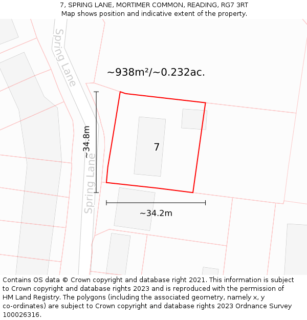 7, SPRING LANE, MORTIMER COMMON, READING, RG7 3RT: Plot and title map