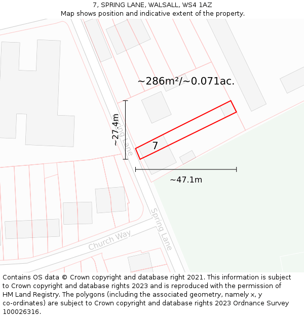 7, SPRING LANE, WALSALL, WS4 1AZ: Plot and title map