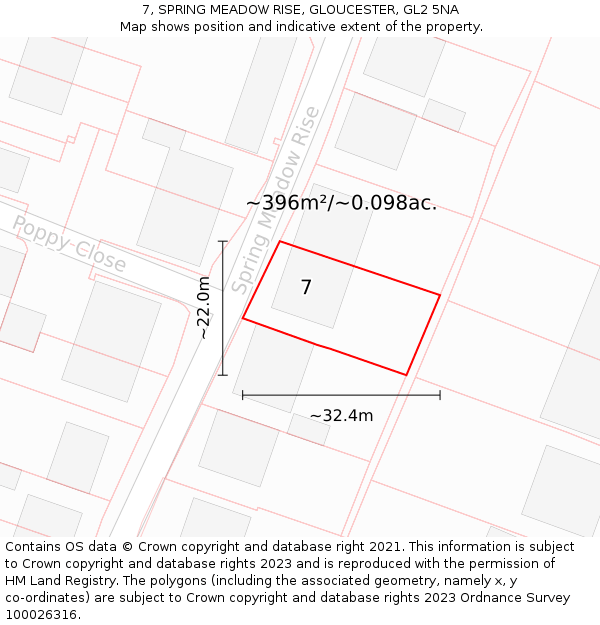 7, SPRING MEADOW RISE, GLOUCESTER, GL2 5NA: Plot and title map