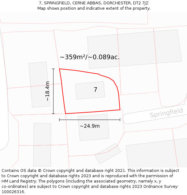 7, SPRINGFIELD, CERNE ABBAS, DORCHESTER, DT2 7JZ: Plot and title map