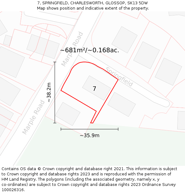 7, SPRINGFIELD, CHARLESWORTH, GLOSSOP, SK13 5DW: Plot and title map