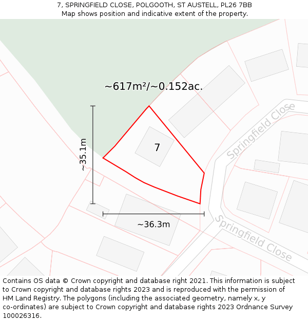7, SPRINGFIELD CLOSE, POLGOOTH, ST AUSTELL, PL26 7BB: Plot and title map