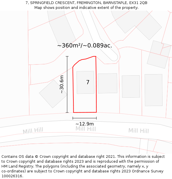 7, SPRINGFIELD CRESCENT, FREMINGTON, BARNSTAPLE, EX31 2QB: Plot and title map