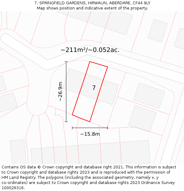 7, SPRINGFIELD GARDENS, HIRWAUN, ABERDARE, CF44 9LY: Plot and title map