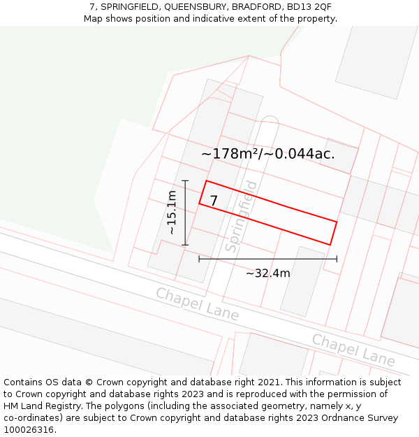 7, SPRINGFIELD, QUEENSBURY, BRADFORD, BD13 2QF: Plot and title map