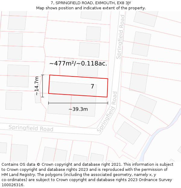7, SPRINGFIELD ROAD, EXMOUTH, EX8 3JY: Plot and title map