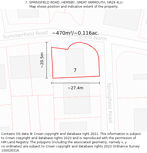 7, SPRINGFIELD ROAD, HEMSBY, GREAT YARMOUTH, NR29 4LU: Plot and title map