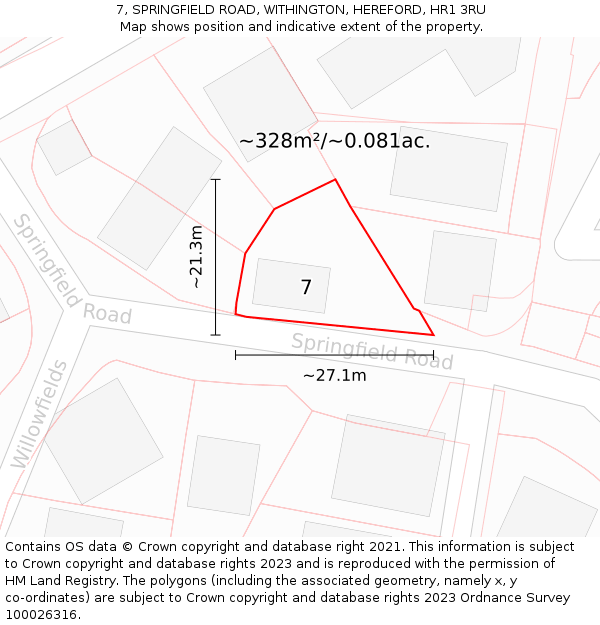 7, SPRINGFIELD ROAD, WITHINGTON, HEREFORD, HR1 3RU: Plot and title map