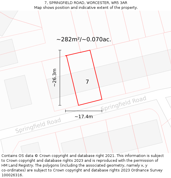 7, SPRINGFIELD ROAD, WORCESTER, WR5 3AR: Plot and title map