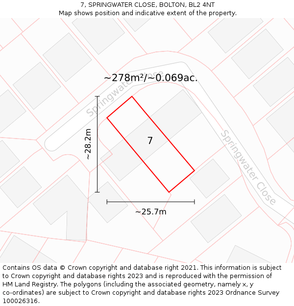 7, SPRINGWATER CLOSE, BOLTON, BL2 4NT: Plot and title map