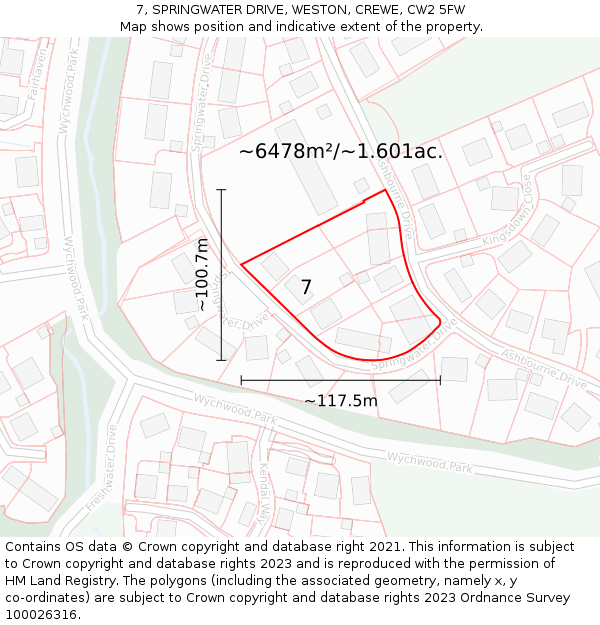 7, SPRINGWATER DRIVE, WESTON, CREWE, CW2 5FW: Plot and title map