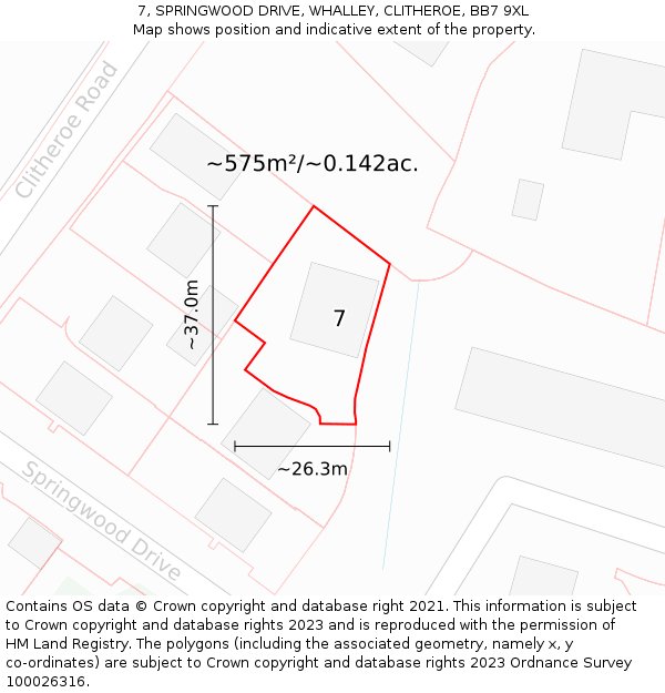 7, SPRINGWOOD DRIVE, WHALLEY, CLITHEROE, BB7 9XL: Plot and title map