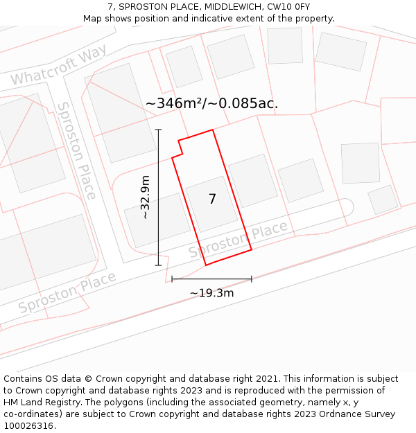 7, SPROSTON PLACE, MIDDLEWICH, CW10 0FY: Plot and title map