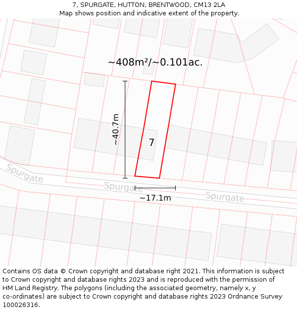 7, SPURGATE, HUTTON, BRENTWOOD, CM13 2LA: Plot and title map