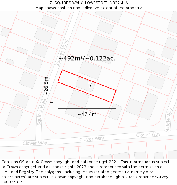 7, SQUIRES WALK, LOWESTOFT, NR32 4LA: Plot and title map