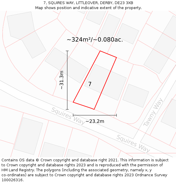 7, SQUIRES WAY, LITTLEOVER, DERBY, DE23 3XB: Plot and title map