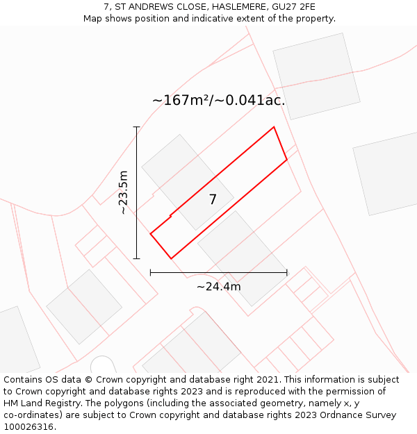 7, ST ANDREWS CLOSE, HASLEMERE, GU27 2FE: Plot and title map