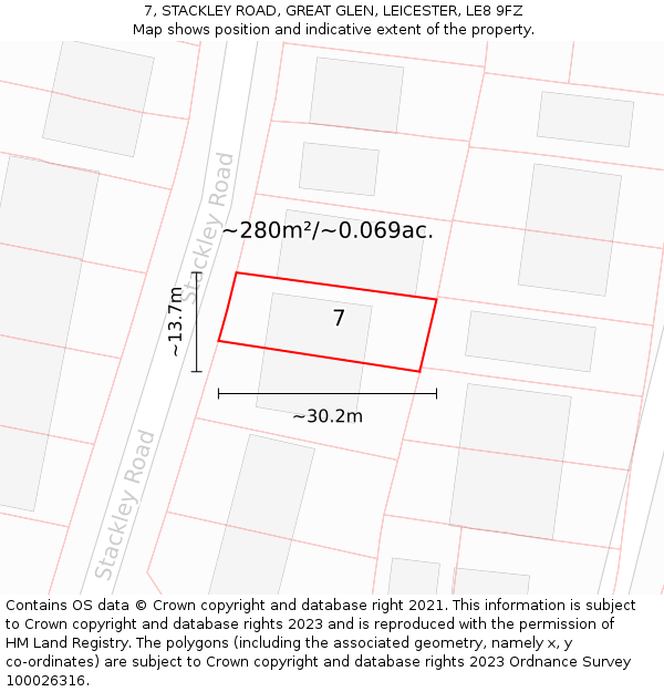 7, STACKLEY ROAD, GREAT GLEN, LEICESTER, LE8 9FZ: Plot and title map
