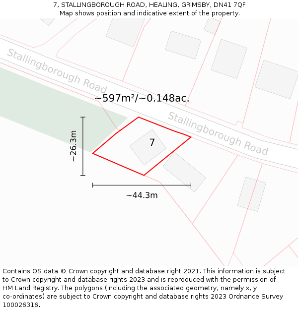 7, STALLINGBOROUGH ROAD, HEALING, GRIMSBY, DN41 7QF: Plot and title map