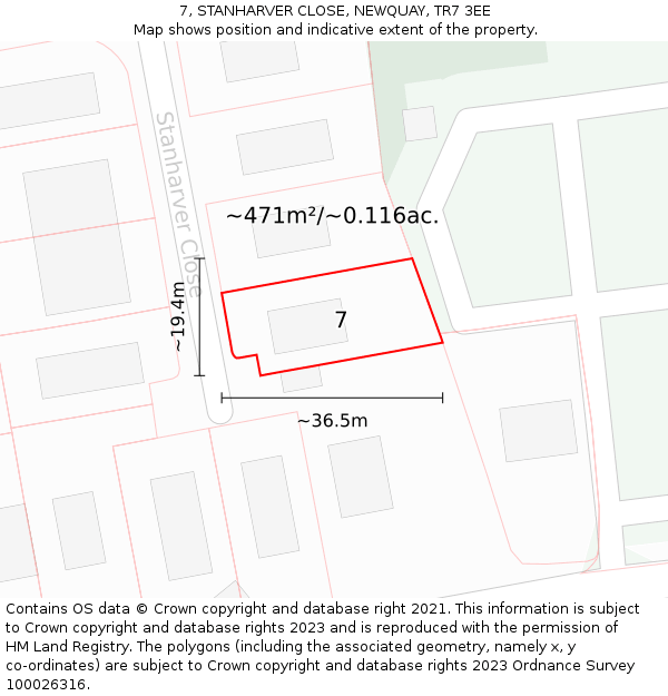 7, STANHARVER CLOSE, NEWQUAY, TR7 3EE: Plot and title map