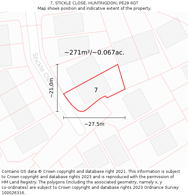 7, STICKLE CLOSE, HUNTINGDON, PE29 6GT: Plot and title map