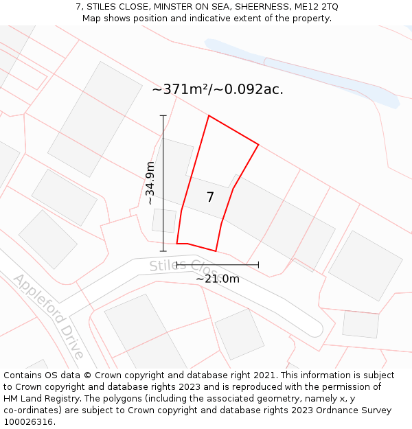 7, STILES CLOSE, MINSTER ON SEA, SHEERNESS, ME12 2TQ: Plot and title map