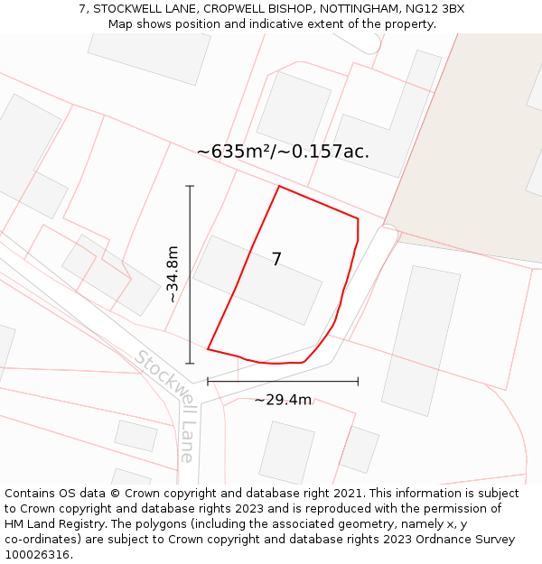 7, STOCKWELL LANE, CROPWELL BISHOP, NOTTINGHAM, NG12 3BX: Plot and title map