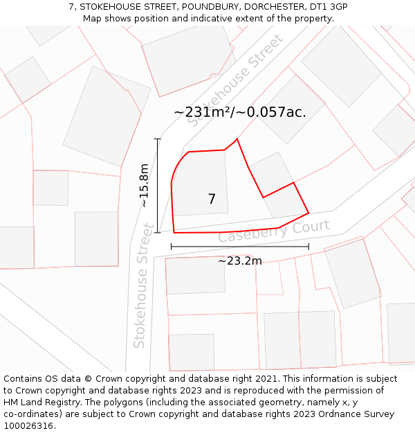 7, STOKEHOUSE STREET, POUNDBURY, DORCHESTER, DT1 3GP: Plot and title map