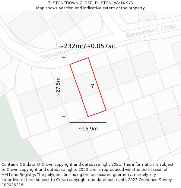 7, STONEDOWN CLOSE, BILSTON, WV14 9YN: Plot and title map
