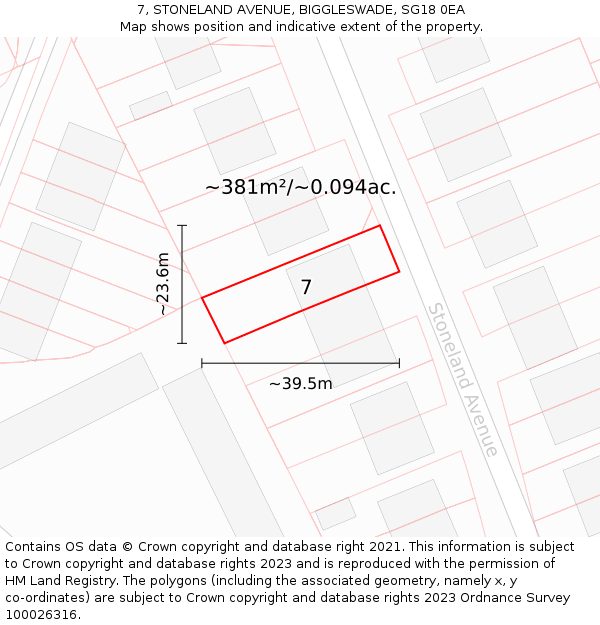 7, STONELAND AVENUE, BIGGLESWADE, SG18 0EA: Plot and title map
