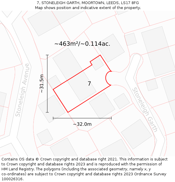 7, STONELEIGH GARTH, MOORTOWN, LEEDS, LS17 8FG: Plot and title map