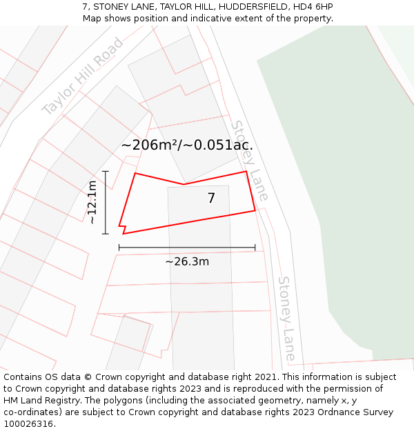 7, STONEY LANE, TAYLOR HILL, HUDDERSFIELD, HD4 6HP: Plot and title map