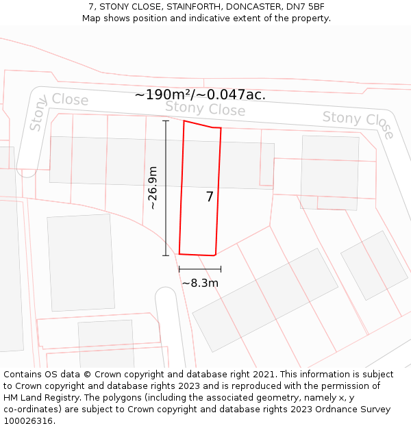 7, STONY CLOSE, STAINFORTH, DONCASTER, DN7 5BF: Plot and title map