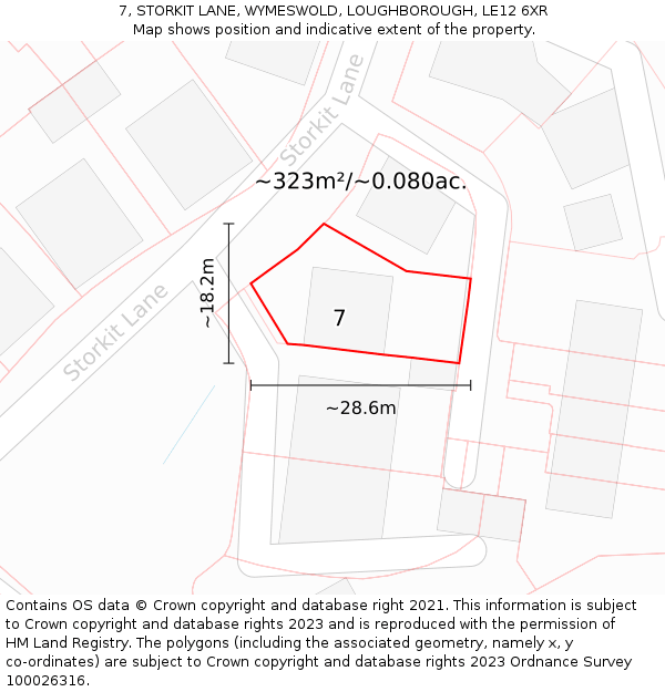 7, STORKIT LANE, WYMESWOLD, LOUGHBOROUGH, LE12 6XR: Plot and title map