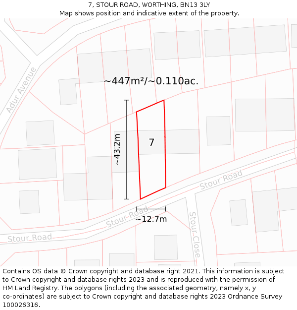 7, STOUR ROAD, WORTHING, BN13 3LY: Plot and title map