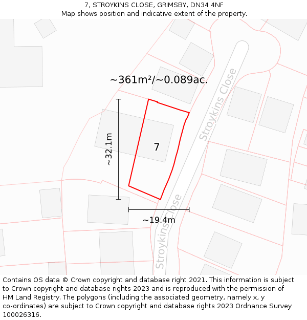 7, STROYKINS CLOSE, GRIMSBY, DN34 4NF: Plot and title map
