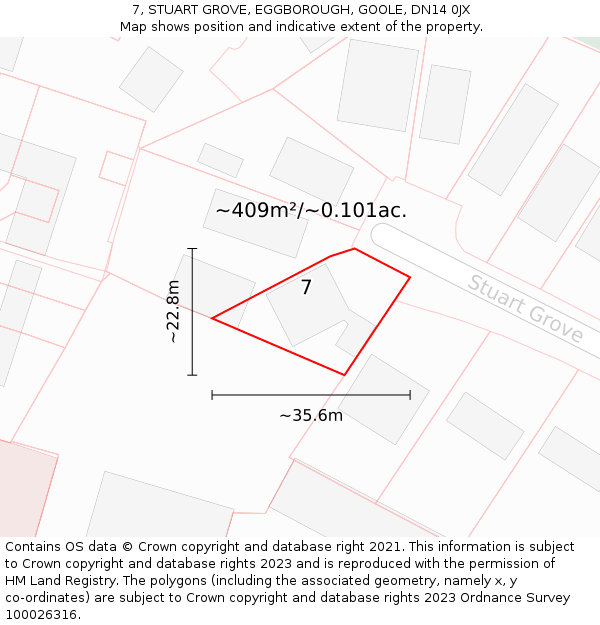 7, STUART GROVE, EGGBOROUGH, GOOLE, DN14 0JX: Plot and title map