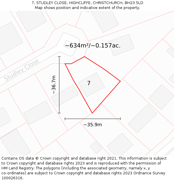 7, STUDLEY CLOSE, HIGHCLIFFE, CHRISTCHURCH, BH23 5LD: Plot and title map