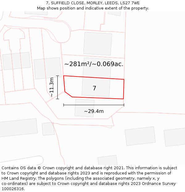 7, SUFFIELD CLOSE, MORLEY, LEEDS, LS27 7WE: Plot and title map