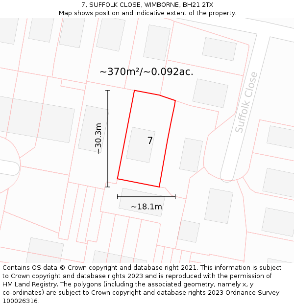 7, SUFFOLK CLOSE, WIMBORNE, BH21 2TX: Plot and title map