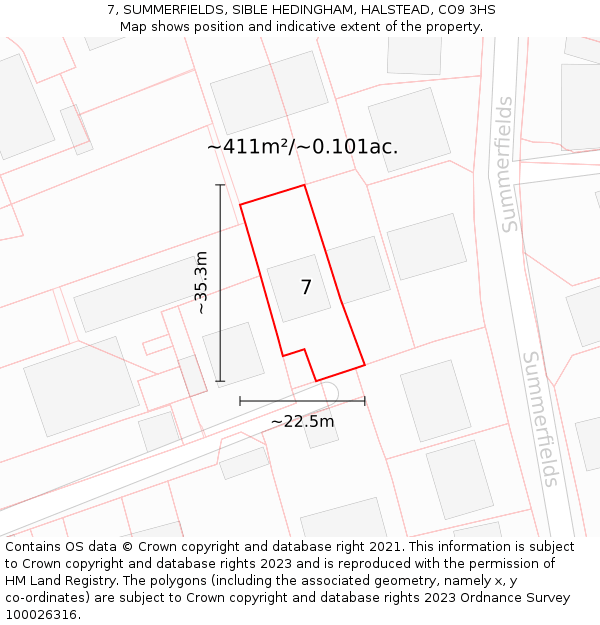 7, SUMMERFIELDS, SIBLE HEDINGHAM, HALSTEAD, CO9 3HS: Plot and title map